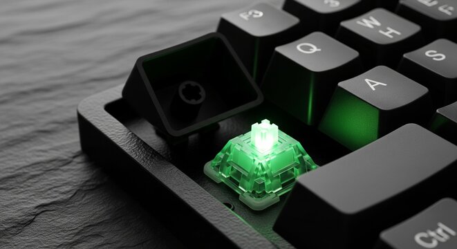 A close-up of a mechanical gaming keyboard with one black keycap removed, showing a bright green glowing mechanical switch underneath