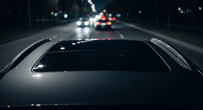 View from above the roof and sunroof of a car driving down a city street at night with oncoming traffic bokeh lights.