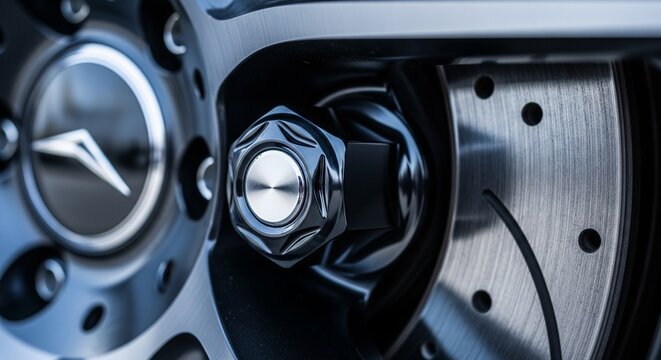 Close-up macro shot of a black alloy car wheel hub with a center lock nut and a brake disc.