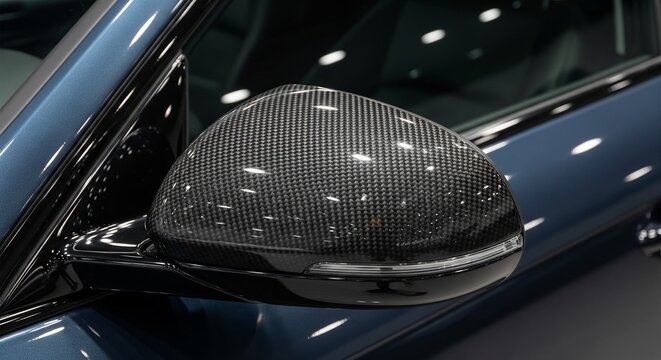 Close-up of a luxury car side mirror covered in high-end glossy carbon fiber material, attached to a dark metallic blue sports car