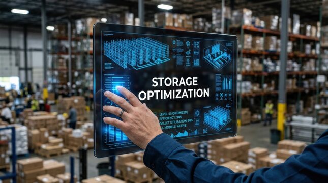 Warehouse worker interacting with a holographic display for storage optimization in a logistics facility