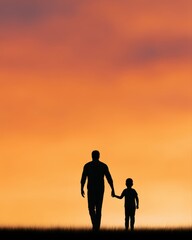 Naklejka na ściany i meble Fathers day greeting background, silhouette father and child at sunset, emotional warm atmosphere