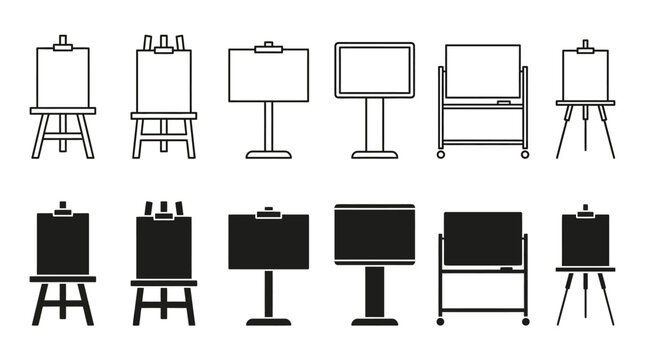 Minimalist easel and presentation stand icons in black and white
