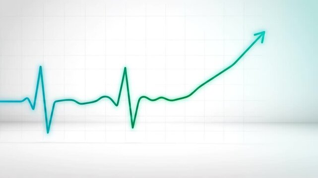 Heartbeat pulse line turning into rising upward arrow on white grid background