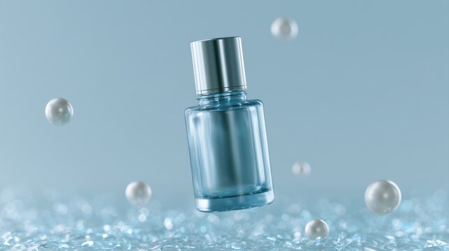 A premium cosmetic serum bottle levitating above glowing crystal water, surrounded by floating pearls and soft cinematic beauty lighting