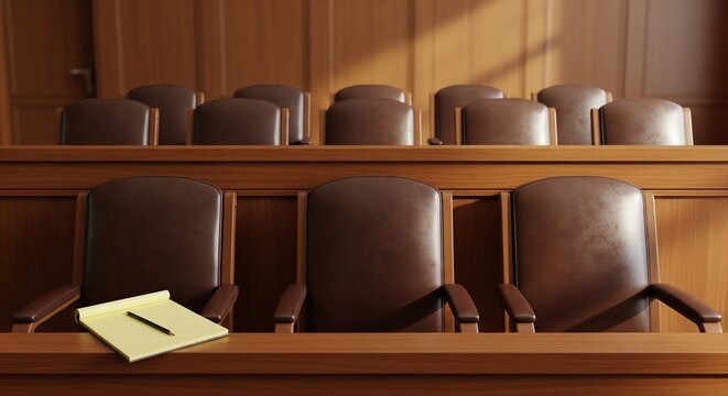 A close-up view of a jury box or conference room with rows of brown leather chairs behind a wooden counter, with a yellow legal pad and a pen left on the desk.