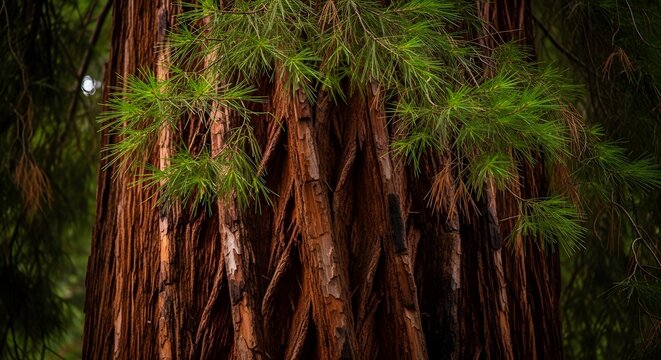 Close up view of massive redwood tree trunk bark and green foliage