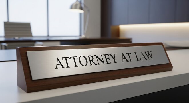 Metal Attorney at Law nameplate on a modern white desk.