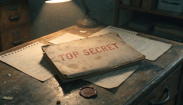 A weathered oak office desk under warm amber lamplight, holding a worn manila file folder marked with a faded &ldquo;TOP SECRET&rdquo; stamp in red ink, its edges softened with age and handling