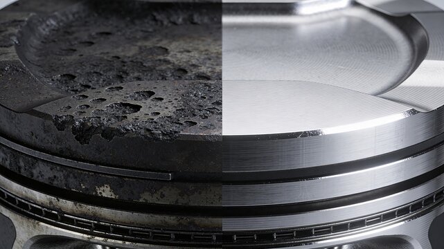 split-screen comparison of a mechanical engine piston head, showing a heavily fouled, carbon-corroded side versus a perfectly clean, polished metallic silver side.