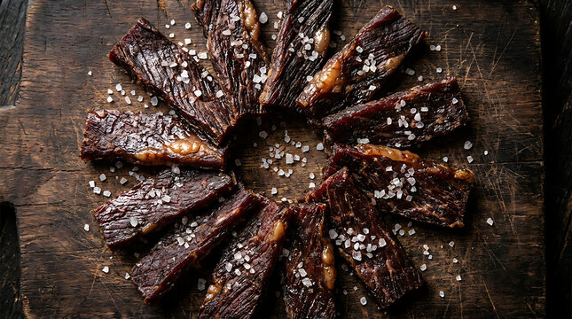 Delicious Beef Jerky Strips Arranged in a Circular Pattern on a Rustic Wooden Surface