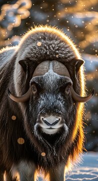 A close-up, front-view portrait of a powerful muskox standing in a snowy winter forest