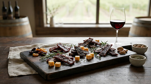 Savory beef jerky pieces with cheese cubes and herbs on a rustic wooden board with wine, in a vineyard setting.