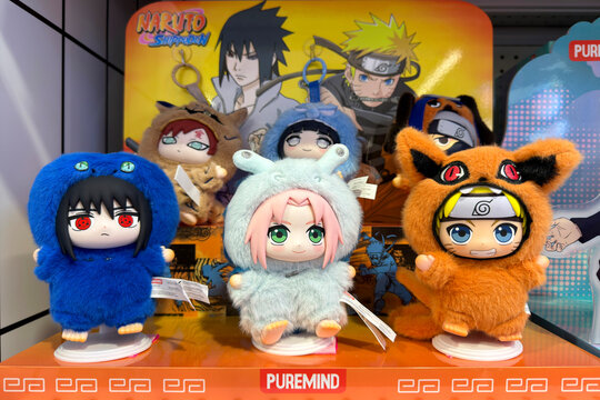 Dubai, UAE - 24 may 2026: Naruto themed plush toys displayed in retail store with colorful anime character figures and collectible merchandise, showcasing Japanese pop culture trend among fans