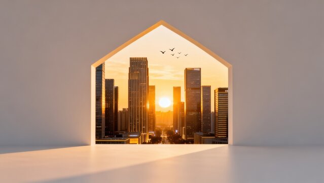 Cityscape view through houseshaped window