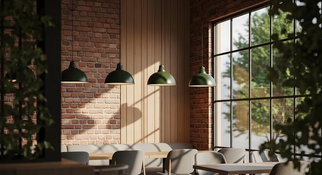 Modern industrial cafe interior with exposed brick walls and green pendant lights