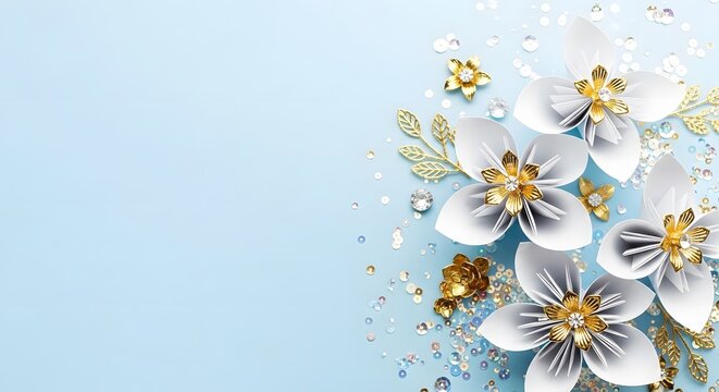 Elegant white paper flowers with gold accents and sequins on blue background