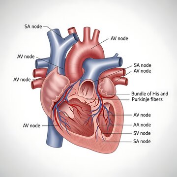 Detailed diagram of human heart electrical system.