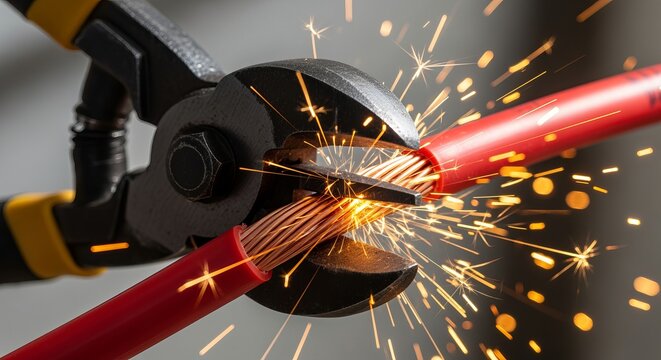 Wire cutters snipping through red electrical cable, creating sparks in the process