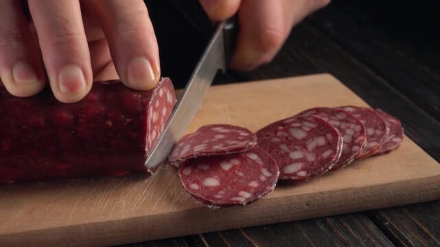 Hands slicing a salami sausage on a wooden cutting board with thin slices arranged beside it in a well-lit kitchen setting