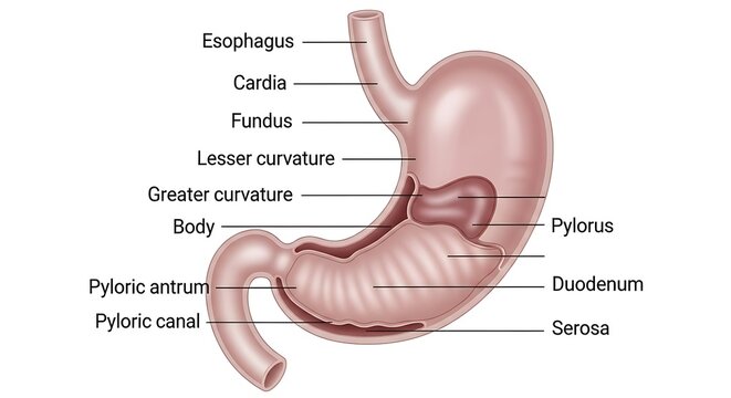 Anatomical diagram of human stomach with labeled parts.
