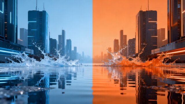 Futuristic cityscape with water splash
