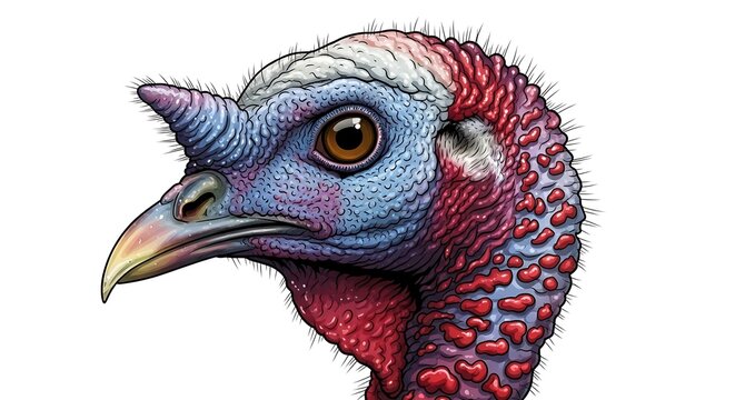 Close-up portrait of a colorful rooster with red comb.