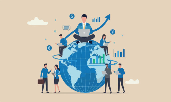 Global stoc international investment, financial analysis or earning growth, stock trading concept, smart businessman investor trading on laptop on the globe with financial graph