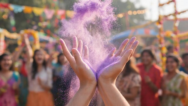 Hands throwing purple powder at festival