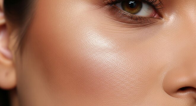 Extreme Close-up of Glowing Skin and Cheekbone Highlighter