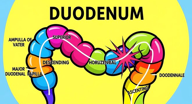Anatomy diagram of human duodenum with labeled parts.