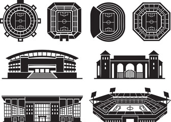 Naklejka premium Football Stadium Icon Collection Minimal Sports Vector Illustration Solid Color Symbol Set Design