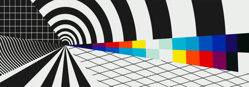 Retro vaporwave grid perspective background with smpte color bars for arcade game theme