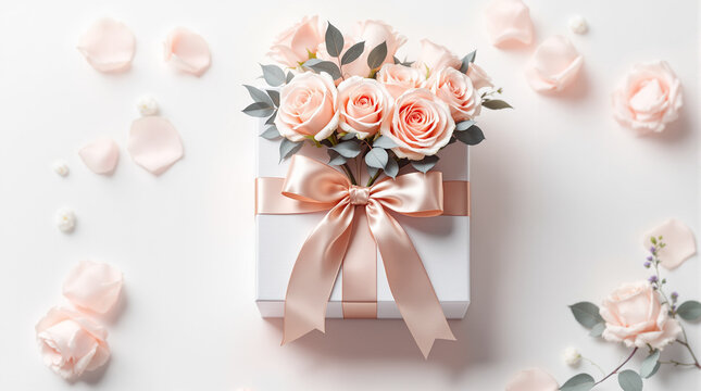Buket Mawar Merah Muda Elegan dalam Kotak Hadiah dengan Pita Satin, Rangkaian Bunga Romantis di Latar Belakang Putih