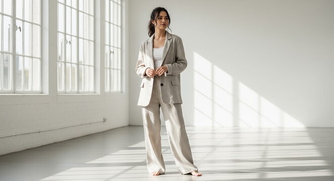 A young stylish woman wearing a loose beige business suit posing in a bright, minimalist white loft studio filled with natural sunlight.