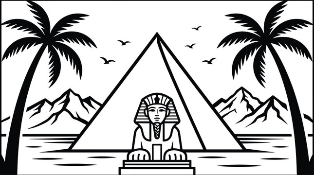 Egyptian sphinx and pyramid landscape illustration with landscape, monument