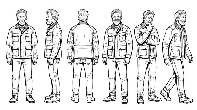 Set of bearded man character sketches in various poses and views