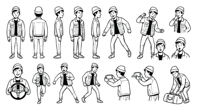 Character sheet of a young man in beanie and jacket in various poses