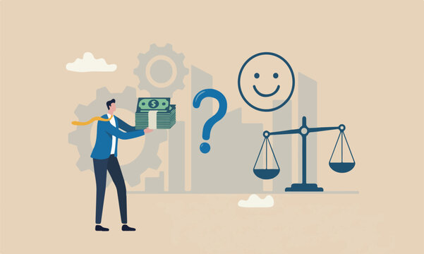 Money can, philosoph success dilemma, financial goal vs work life balance and enjoy life concept, businessman hand offer money to buy happiness smile face
