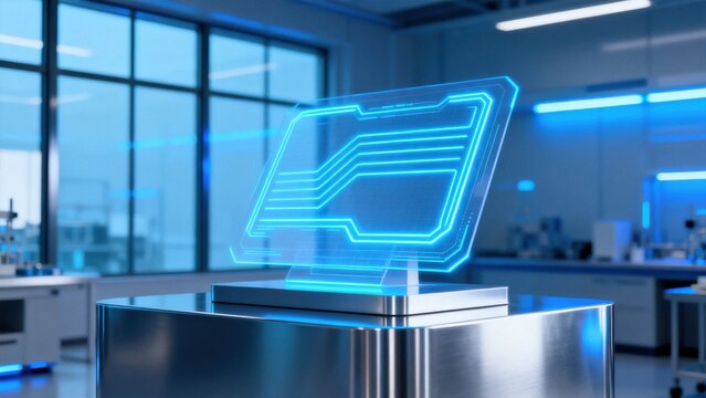 Futuristic glowing circuit board in lab