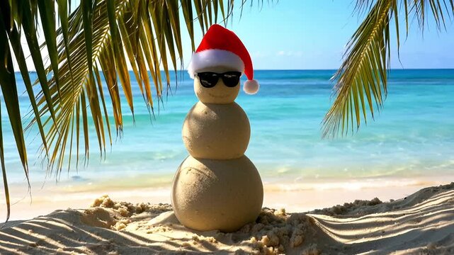 Sand snowman wearing santa hat and sunglasses on tropical beach near ocean