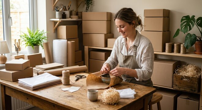 A woman happily wraps a package in eco-friendly brown paper at a wooden table surrounded by boxes and packing materials in a cozy, well-lit room.