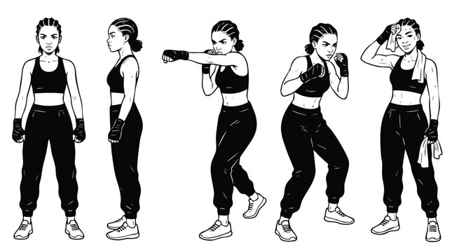 Female Boxer Character Poses and Training Sequences Vector Art