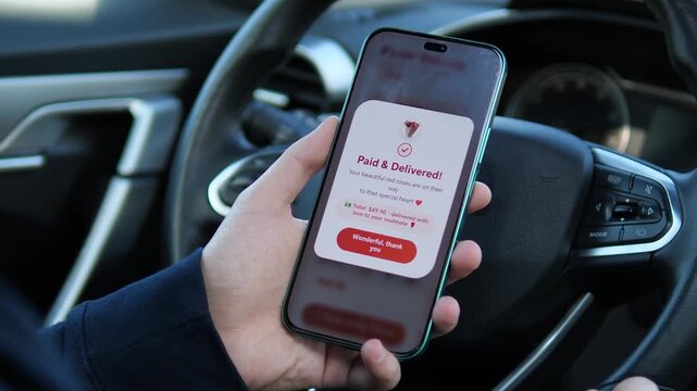 Hands holding a phone with a flower delivery app open in a car. The screen displays a message and a red button for order completion. Perfect for showcasing romance, gift-giving, and digital retail