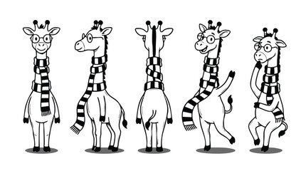 Naklejka premium Set of Cartoon Giraffes with Glasses and Scarves in Various Poses