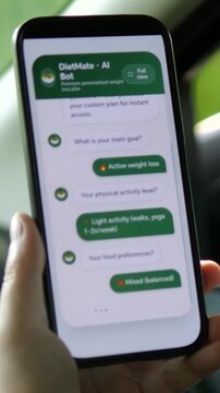 Personalized weight loss made easy. User creates a custom diet plan via an AI chatbot on a flagship smartphone. High-quality mobile UI showing meal plans and goals. Perfect for health tech and fitness