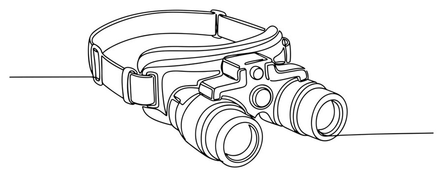 Night vision goggles NVG with head strap, one continuous line art vector, military tactical equipment and surveillance tech