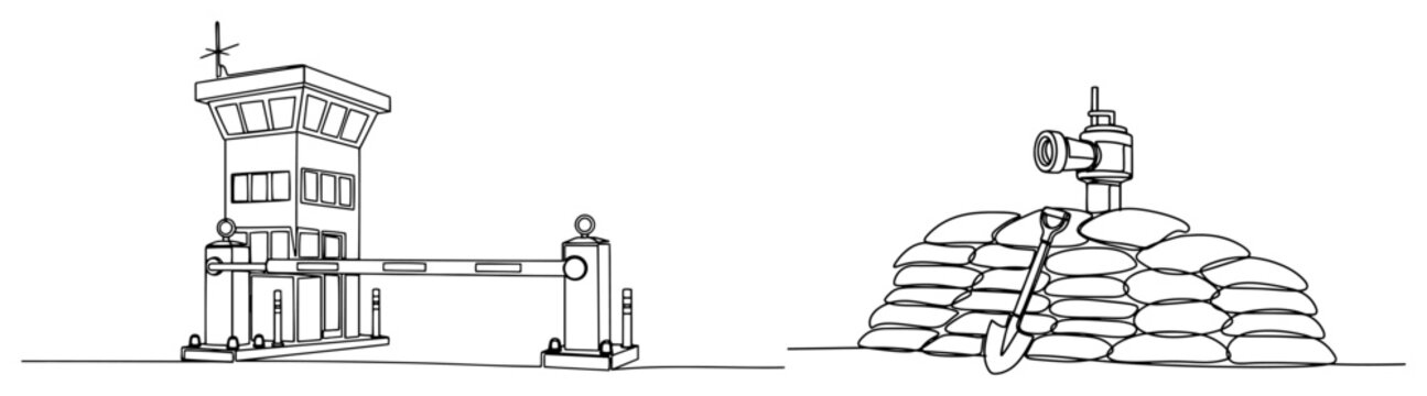 Military checkpoint with guard tower and barrier plus sandbag fortification, one continuous line art vector, border security and defense