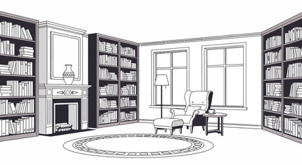 Cozy library with fireplace, armchair, and abundant bookshelves © Hamdan