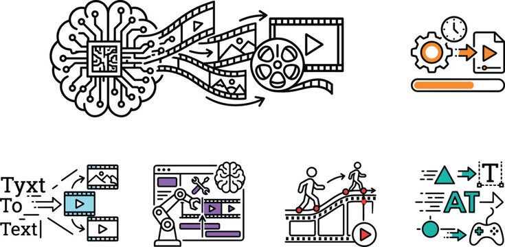 Artificial Intelligence Video Editing Text Conversion Content Creation Machine Learning Automation and Digital Media Production Icons Set